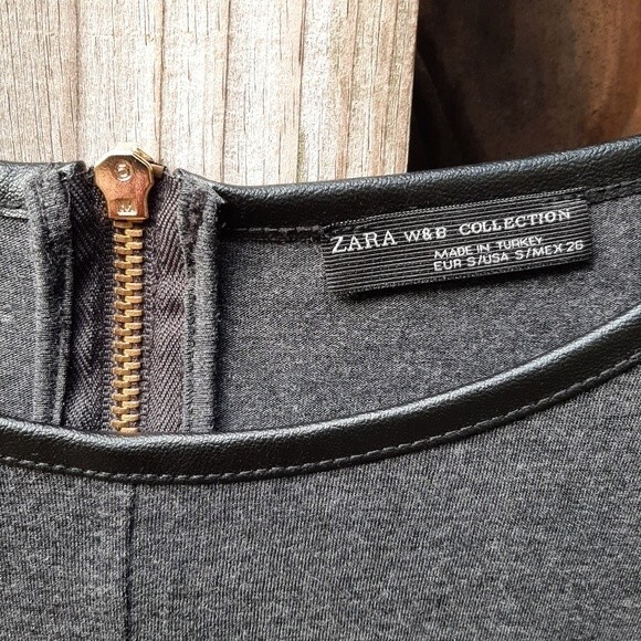 Zara W&B Collection Grey Top Back Zip Faux Leather Trim Dolman Bat Sleeve Size S - Picture 2 of 14